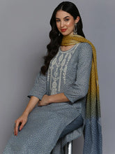 Cotton Grey Embroidered Straight Kurta Pant With-VKSKD1873